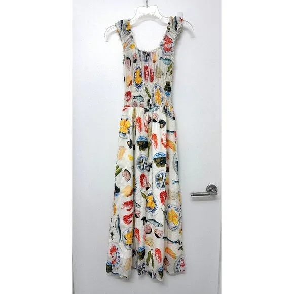 Lisa Says Gah Annie Food Print Maxi Dress Tapas Ivory Lemon Olive Fruit S - Picture 7 of 13